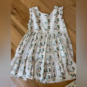 Pink Chicken White Cotton Dress with Green & Brown Duck Print